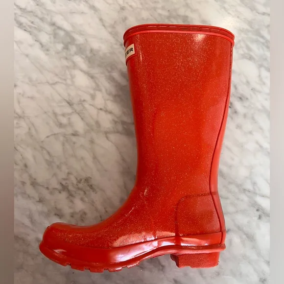 Hunter Rain Boots Tall Glitter Waterproof Size 2. Red Orange