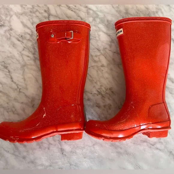 Hunter Rain Boots Tall Glitter Waterproof Size 2. Red Orange