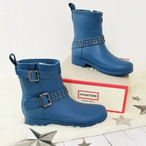 Hunter Refined Studded biker boots rockpool blue NEW 7