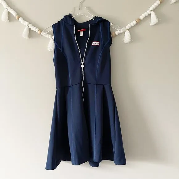 Hunter Target Hooded Scuba Mini Dress Zip Front Slim Flowy Fit Navy Blue Size XS