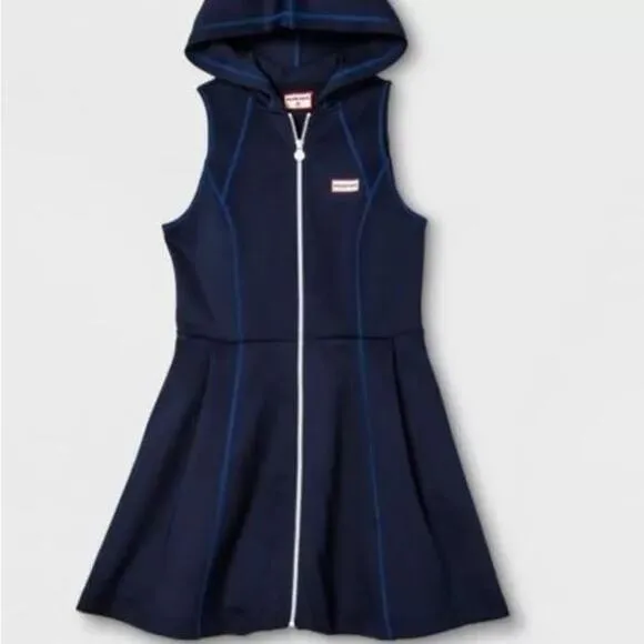 Hunter Target Hooded Scuba Mini Dress Zip Front Slim Flowy Fit Navy Blue Size XS