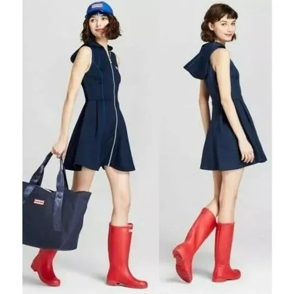 Hunter Target Hooded Scuba Mini Dress Zip Front Slim Flowy Fit Navy Blue Size XS