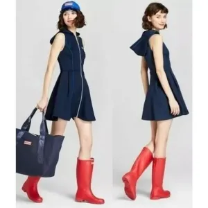 Hunter Target Hooded Scuba Mini Dress Zip Front Slim Flowy Fit Navy Blue Size XS