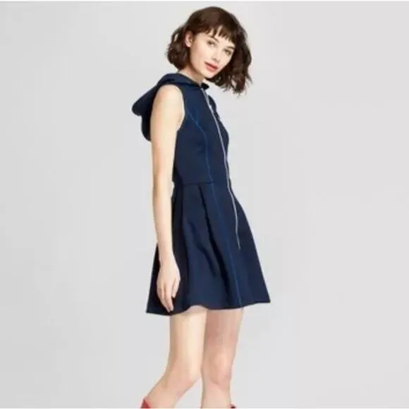 Hunter Target Hooded Scuba Mini Dress Zip Front Slim Flowy Fit Navy Blue Size XS