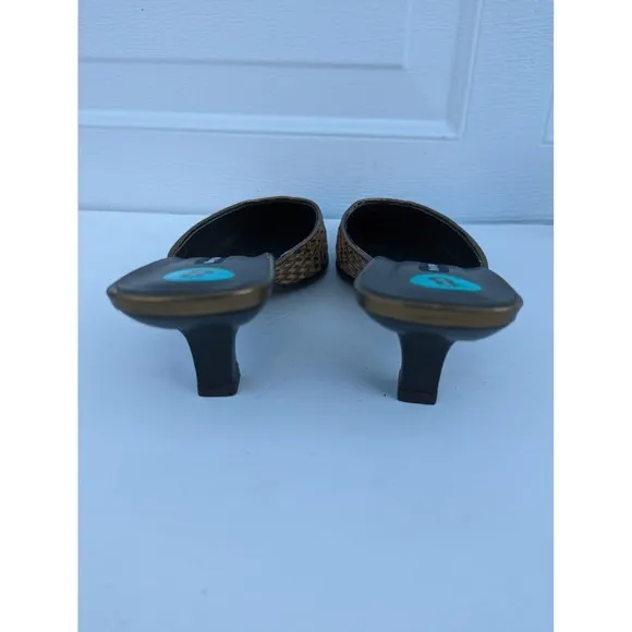 Hype Mules Leather Womens Size 8 Gold Copper Weave Slides Spain Heels Shoes