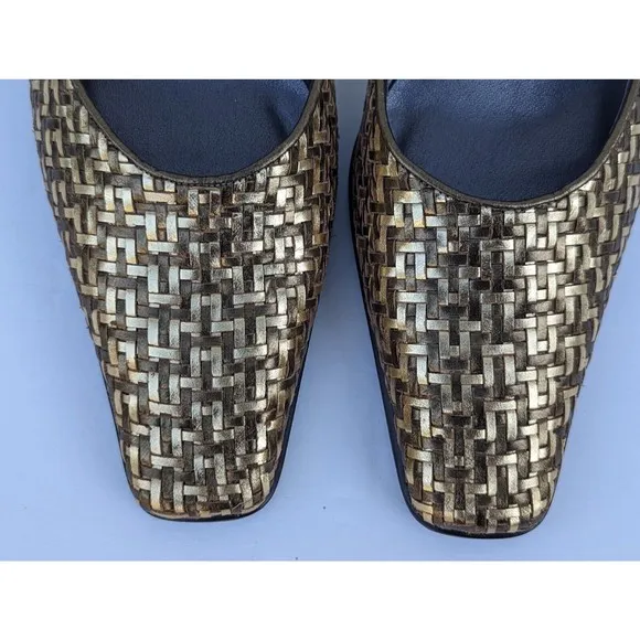 Hype Mules Leather Womens Size 8 Gold Copper Weave Slides Spain Heels Shoes