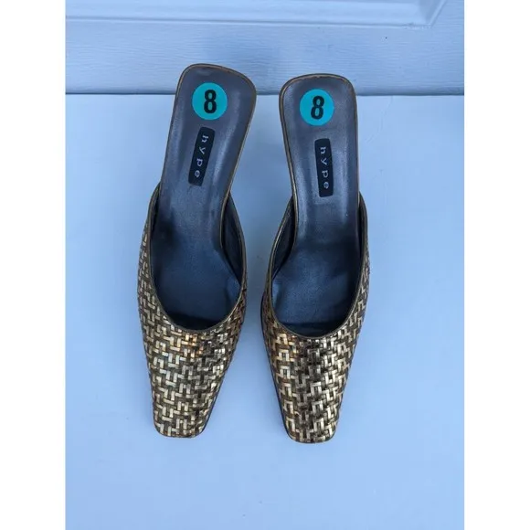 Hype Mules Leather Womens Size 8 Gold Copper Weave Slides Spain Heels Shoes