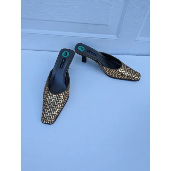 Hype Mules Leather Womens Size 8 Gold Copper Weave Slides Spain Heels Shoes