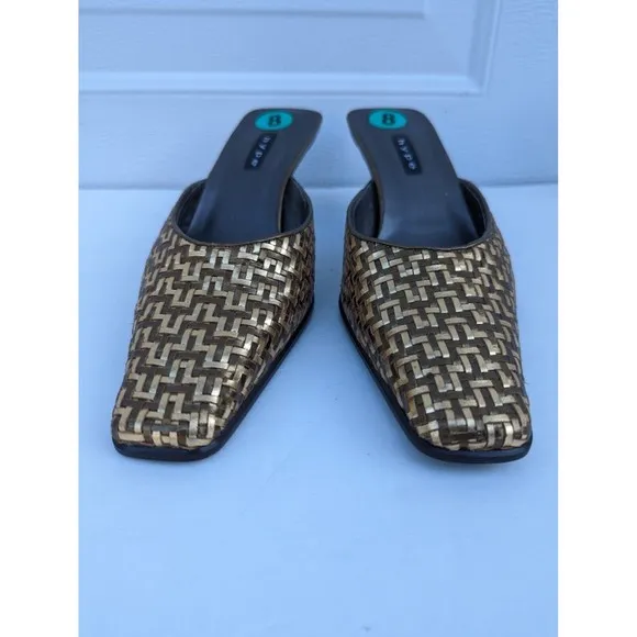 Hype Mules Leather Womens Size 8 Gold Copper Weave Slides Spain Heels Shoes