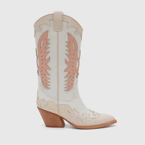 IDALY Western Boho Chic Pink White &amp; Tan Vegan Leather Cowboy Cowgirl Boots
