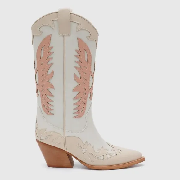 IDALY Western Boho Chic Pink White &amp; Tan Vegan Leather Cowboy Cowgirl Boots