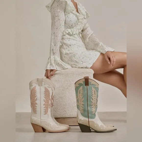 IDALY Western Boho Chic Pink White &amp; Tan Vegan Leather Cowboy Cowgirl Boots
