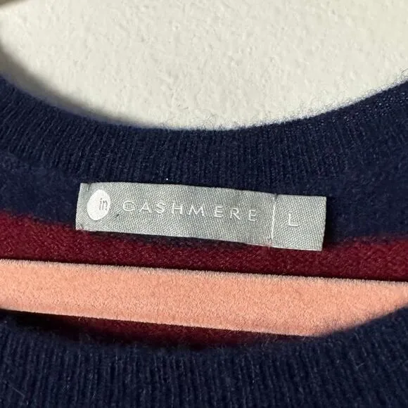 In Cashmere 100 % Cashmere Striped Sweater w Rhinestone Decal Size Large