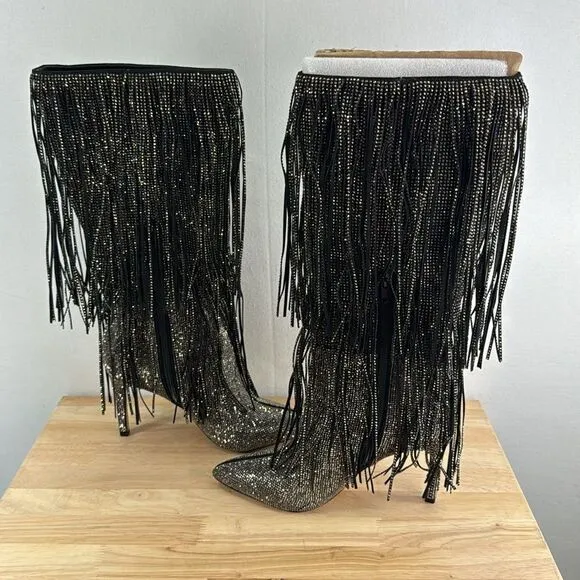 INC International Concepts Ishani Fringe Boots- Black MC- Size 7 M (Medium) NIB