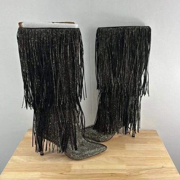 INC International Concepts Ishani Fringe Boots- Black MC- Size 7 M (Medium) NIB