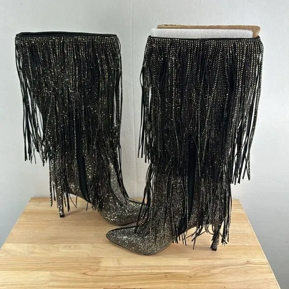 INC International Concepts Ishani Fringe Boots- Black MC- Size 7.5 M (Medium)