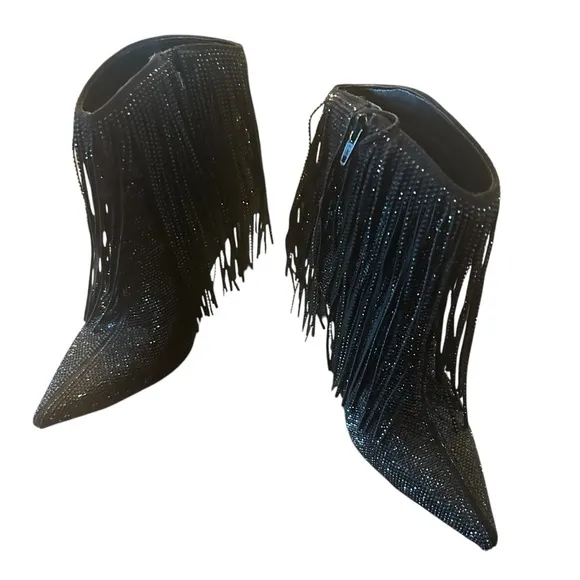 ,INC International Concepts Sahojf Black Bling Fringe Heeled Booties NEW Size 6