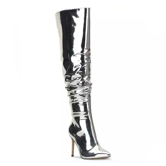I.N.C. Iyonna Over-The-Knee Slouch Boots in Patent Silver Size 6/36.5 NEW $169.5