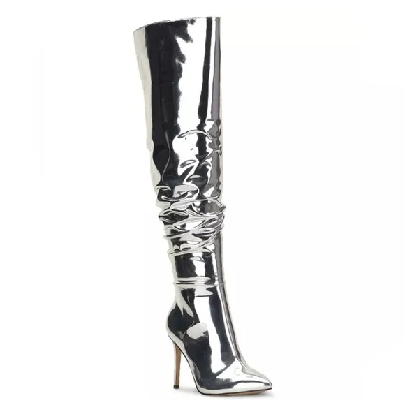 I.N.C. Iyonna Over-The-Knee Slouch Boots in Patent Silver Size 6/36.5 NEW $169.5