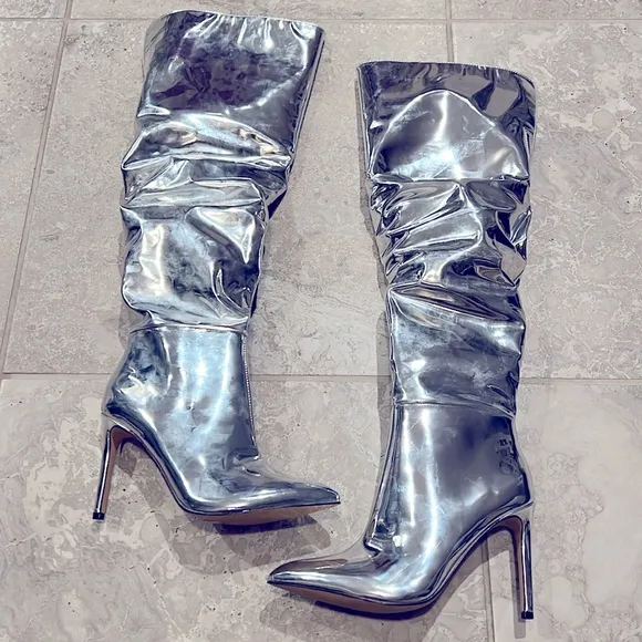 I.N.C. Iyonna Over-The-Knee Slouch Boots in Patent Silver Size 6/36.5 NEW $169.5