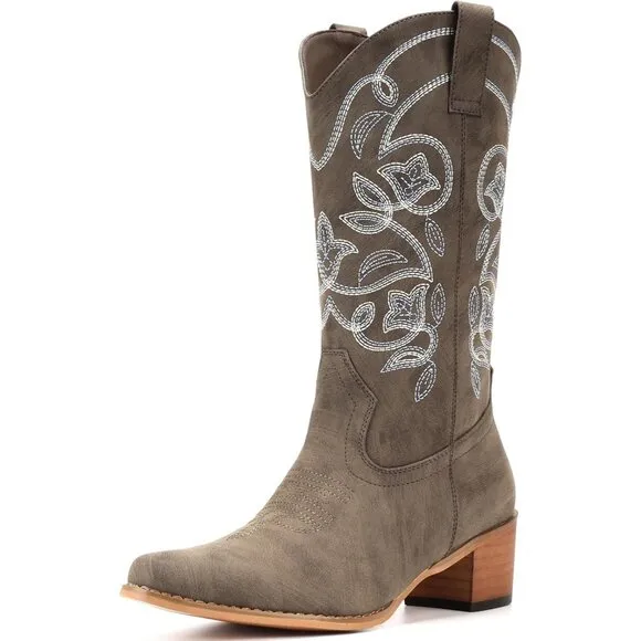 Iuv Cowboy Western Boot Mid Calf Women Khaki Faux Leather Not Water Resistant