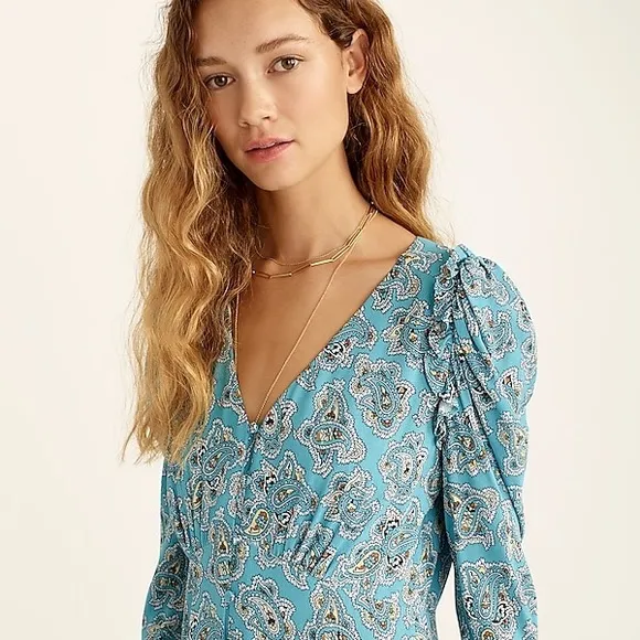 J CREW BOHO FARMHOUSE DRAPEY PUFF SLEEVE PAISLEY MIDI DRESS NWT