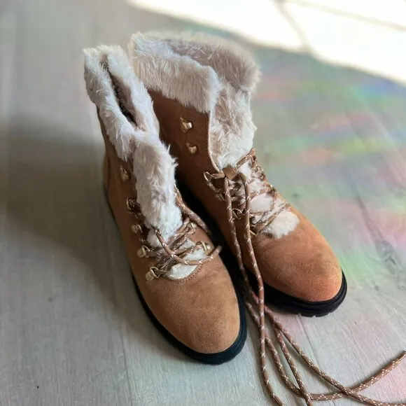 J Crew Faux-Fur Winter Hiking Boots Women's size 9 Brown Chestnut with Box