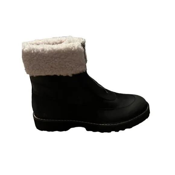J. Crew Women's 8.5 Gwen Faux Fur Trim Leather Boots Black Zip Front Lug New
