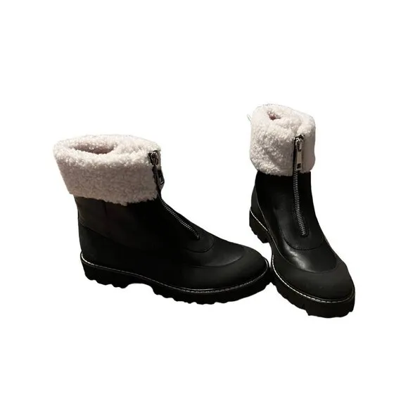 J. Crew Women's 8.5 Gwen Faux Fur Trim Leather Boots Black Zip Front Lug New