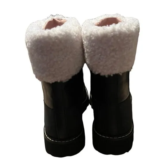 J. Crew Women's 8.5 Gwen Faux Fur Trim Leather Boots Black Zip Front Lug New