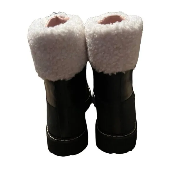 J. Crew Women's 8.5 Gwen Faux Fur Trim Leather Boots Black Zip Front Lug New