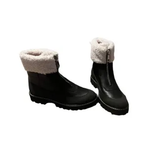 J. Crew Women's 8.5 Gwen Faux Fur Trim Leather Boots Black Zip Front Lug New