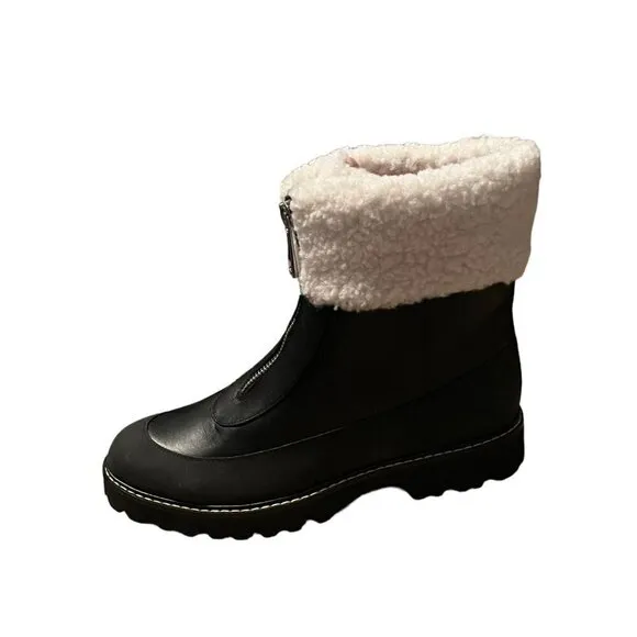 J. Crew Women's 8.5 Gwen Faux Fur Trim Leather Boots Black Zip Front Lug New