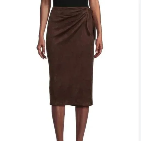 J Mclaughlin Women's Carlie Skirt‎ Brown Faux Suede Wrap Midi Waist Tie Modest 8