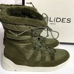 J Slides Jordy khaki green suede faux fur boots size 10 NIB