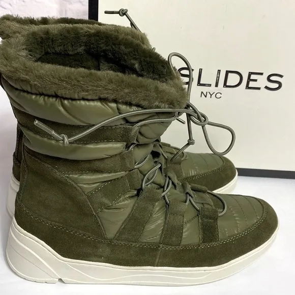 J Slides Jordy khaki green suede faux fur boots size 10 NIB