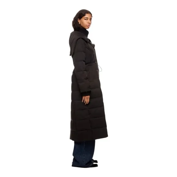 Jason Wu Hooded Long Puffer Coat Zipper &amp; Snap Closure Waist Drawcord Black S