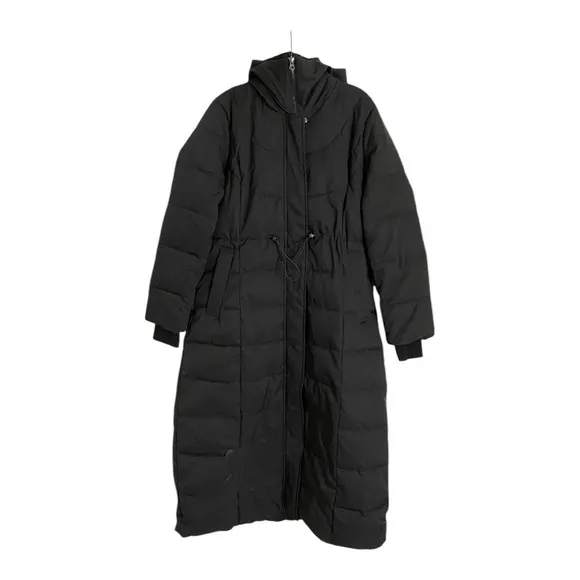 Jason Wu Hooded Long Puffer Coat Zipper &amp; Snap Closure Waist Drawcord Black S