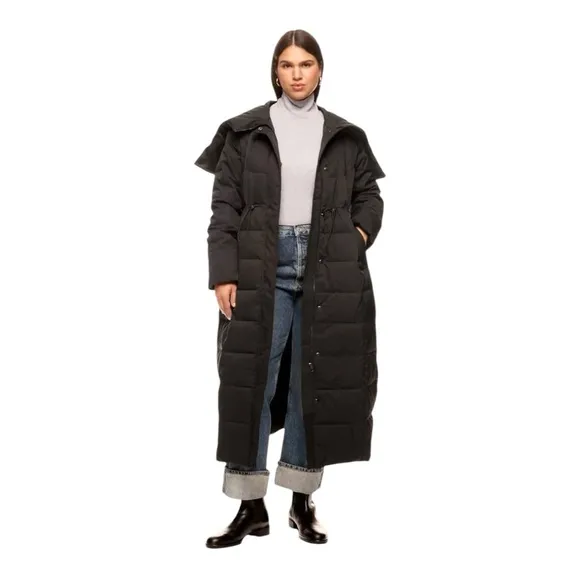 Jason Wu Hooded Long Puffer Coat Zipper &amp; Snap Closure Waist Drawcord Black S