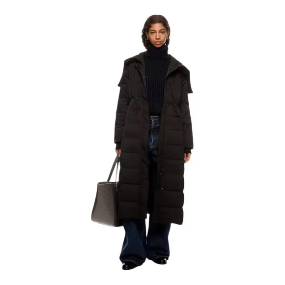 Jason Wu Hooded Long Puffer Coat Zipper &amp; Snap Closure Waist Drawcord Black S