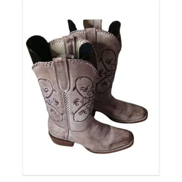 J.B. Dillon Mexico Leather Western Boots With Lazer Etched Flowers Women…