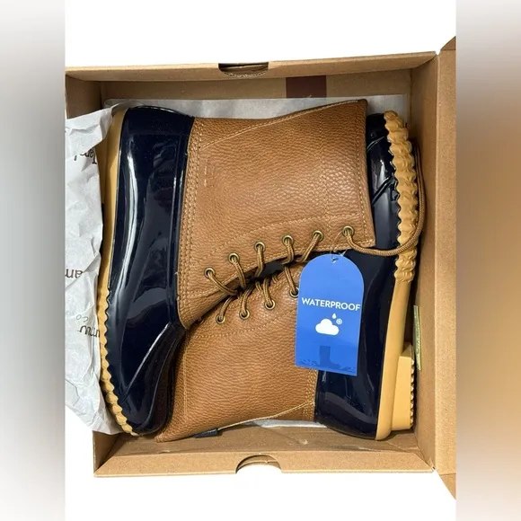 JBU BY JAMBU Maplewood Duck Rain Boots 8.5 Navy/Tan $70 Retail NWT