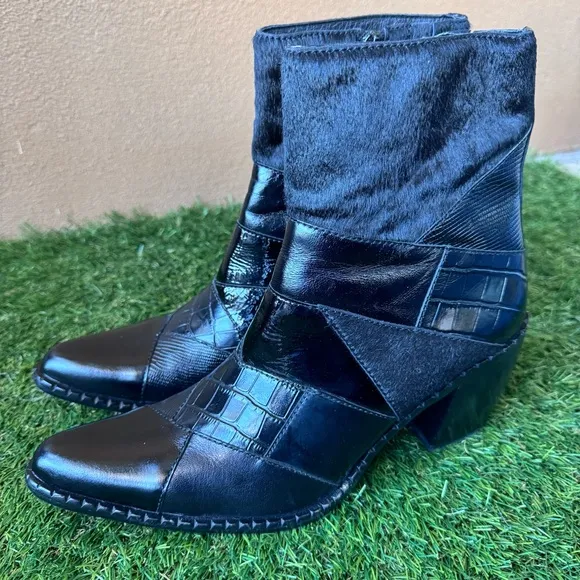 Jeffrey Campbell Caballeros Western Heeled Cowboy Boots Calf Hair Black Size 8