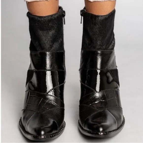 Jeffrey Campbell Caballeros Western Heeled Cowboy Boots Calf Hair Black Size 8