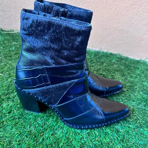 Jeffrey Campbell Caballeros Western Heeled Cowboy Boots Calf Hair Black Size 8