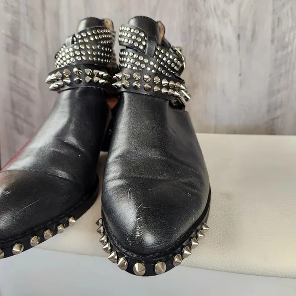 Jeffrey Campbell Everly Silver Spike  Embellished Buckle Boots Black Washed Sz 7