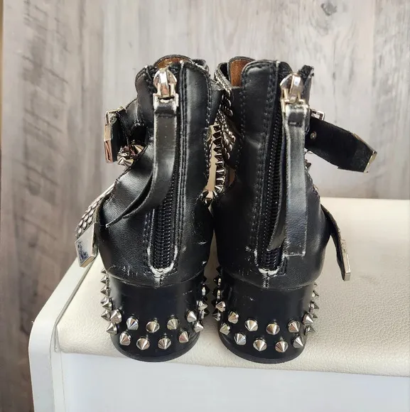 Jeffrey Campbell Everly Silver Spike  Embellished Buckle Boots Black Washed Sz 7