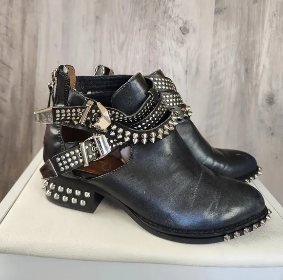 Jeffrey Campbell Everly Silver Spike  Embellished Buckle Boots Black Washed Sz 7