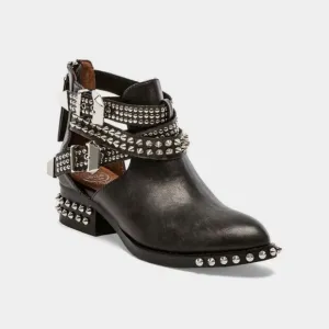 Jeffrey Campbell Everly Silver Spike  Embellished Buckle Boots Black Washed Sz 7