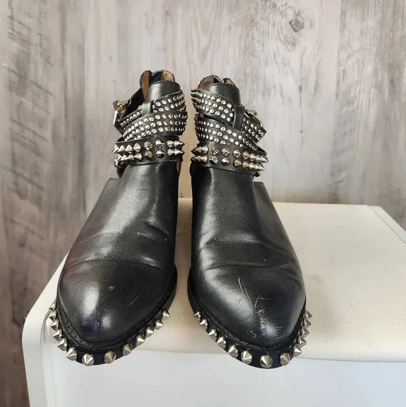 Jeffrey Campbell Everly Silver Spike  Embellished Buckle Boots Black Washed Sz 7